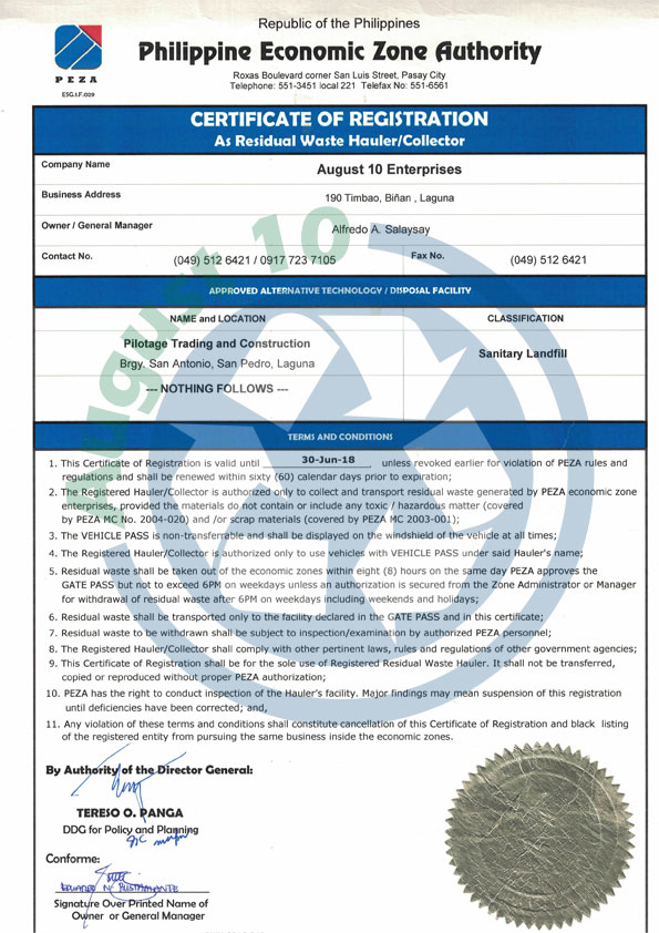 PEZA Certificate of Registration Page 2