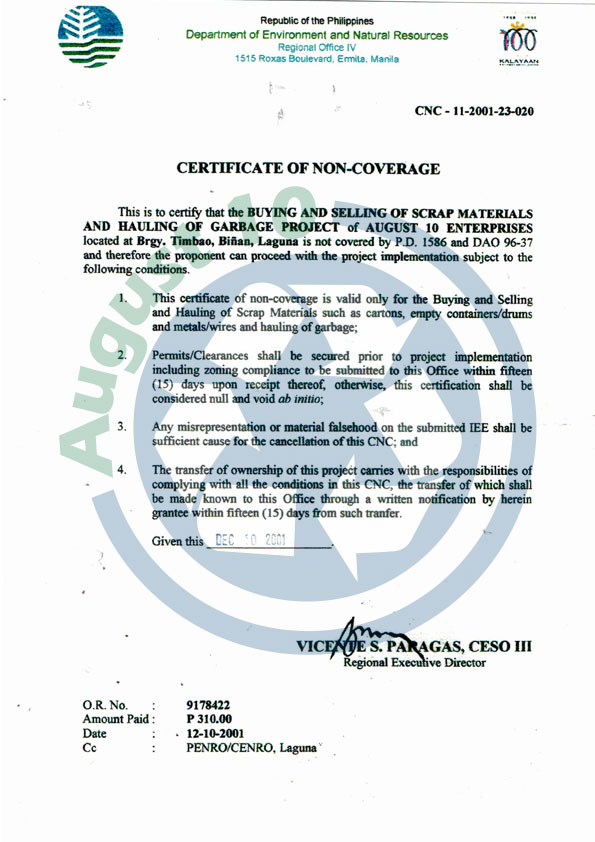 Certificate of Non Coverage